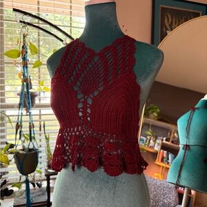 Gypsy Rose Burgundy Crochet Halter Top – Handmade – Adjustable Tie Back